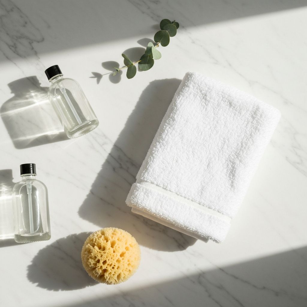 Elementos de cuidado personal en superficie de mármol